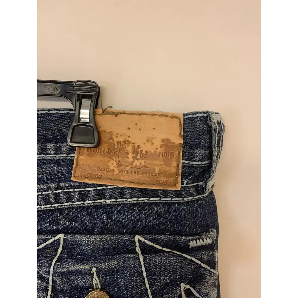 True Religion Jeans Dark Blue Wash Straight Leg Distressed Whiskering Mens SZ 42
